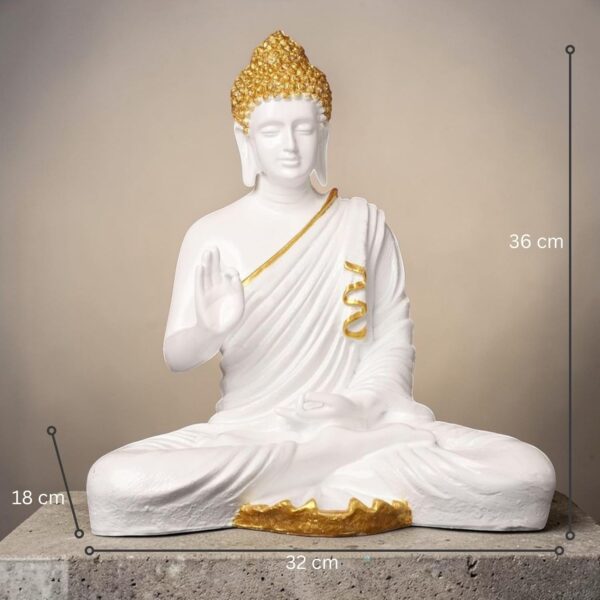 Elegant White & Gold Buddha Statue Meditative Abhaya Mudra Figurine for Home Dcor, Spiritual Gifts & Meditation Spaces (15 inch/ 38cm) Golden Stripe