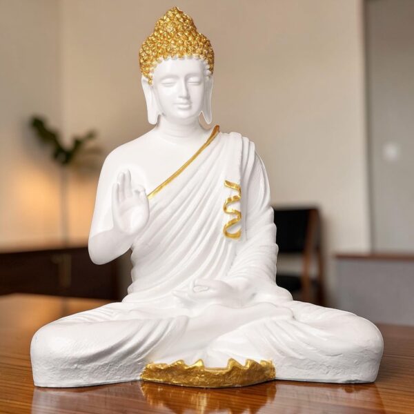 Elegant White & Gold Buddha Statue Meditative Abhaya Mudra Figurine for Home Dcor, Spiritual Gifts & Meditation Spaces (15 inch/ 38cm) Golden Stripe