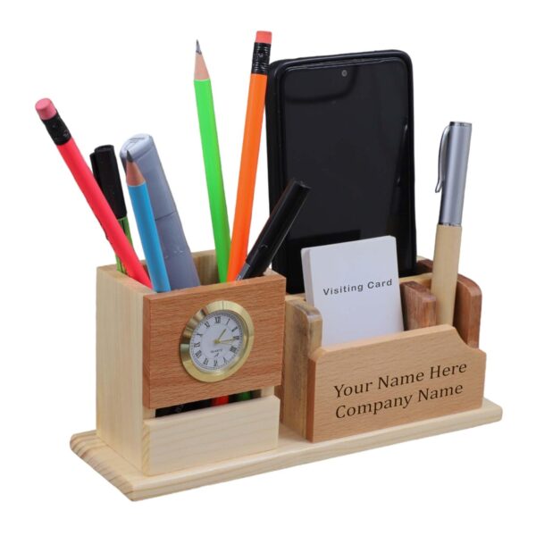 1774459263_Deskart-Customized-Multipurpose-Pen-Holder-Stand-Premium-Wooden-Desk-Organizer-with-Clock-Business-Visiting-Card-and-Mobile-Holder.jpg Deskart Customized Multipurpose Pen Holder Stand | Premium Wooden Desk Organizer with Clock, Business Visiting Card and Mobile Holder