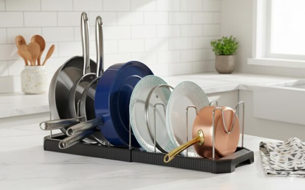 STAR WORK Expandable Pull-Out Pan & Pot Organizer Pan Dish Rack Stand Organizer for Cabinet Kitchen Cabinet Cookware Baking Frying Rack (BLACK)