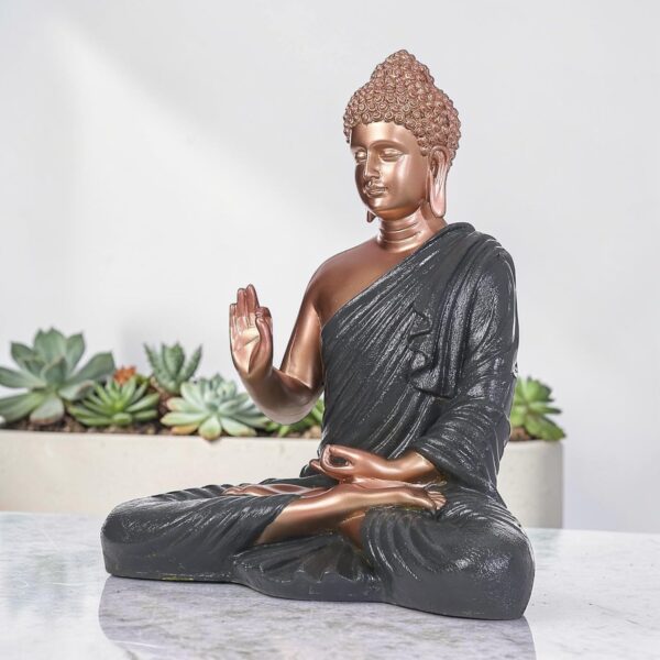 Bronze Buddha Statue with Dark Textured Robe Meditative Figurine in Abhaya & Dhyana Mudra for Home Decor, Yoga, and Spiritual Spaces (15 inch/ 38cm) Dark Olive with Bronze Color