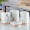 Kookee Ceramic Bathroom Set – Stylish 4 Piece Bath Accessories Kit with Soap Dispenser, Toothbrush Holder, Tumbler & Soap Dish – Modern & Designer Decor for Home & Guest Bathrooms, White/Gold (9600)