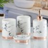 Kookee Ceramic Bathroom Set – Stylish 4 Piece Bath Accessories Kit with Soap Dispenser, Toothbrush Holder, Tumbler & Soap Dish – Modern & Designer Decor for Home & Guest Bathrooms, White/Gold (9600)
