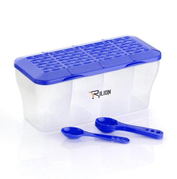 RILION Multipurpose Plastic 4 In 1 Masala Box for Kitchen, Transparent Pickel Box, 4 Compartment Storage Container Airtight For Cereal, Dry Fruits Dabba1800 Ml with 4 Spoons(Blue)