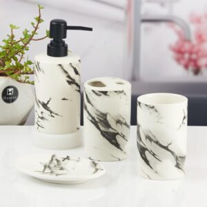Kookee Ceramic Bathroom Accessories Set of 4, Modern Bath Set with Liquid handwash Soap Dispenser and Toothbrush Holder, Luxury Gift Accessory for Home, White/Black (10391)