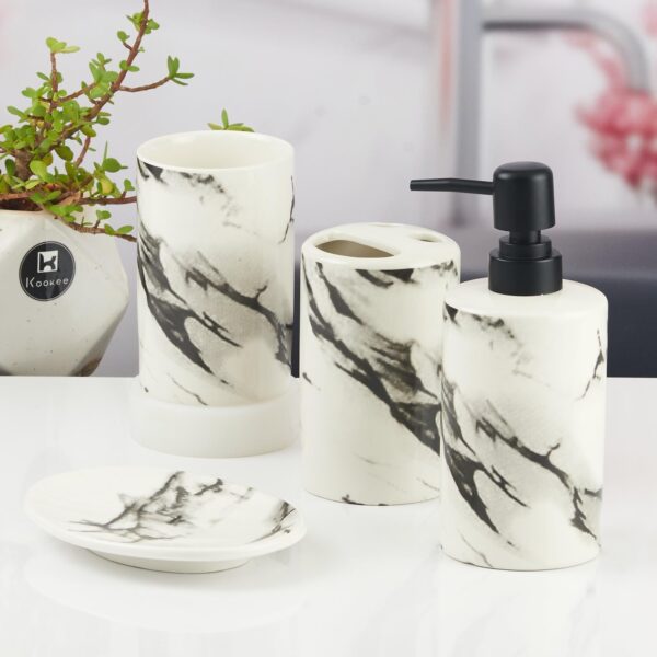 1774481572_Kookee-Ceramic-Bathroom-Accessories-Set-of-4-Modern-Bath-Set-with-Liquid-handwash-Soap-Dispenser-and-Toothbrush-Holder-Luxury-Gift-Accessory-for-Home-WhiteBlack-10391.jpg Kookee Ceramic Bathroom Accessories Set of 4, Modern Bath Set with Liquid handwash Soap Dispenser and Toothbrush Holder, Luxury Gift Accessory for Home, White/Black (10391)