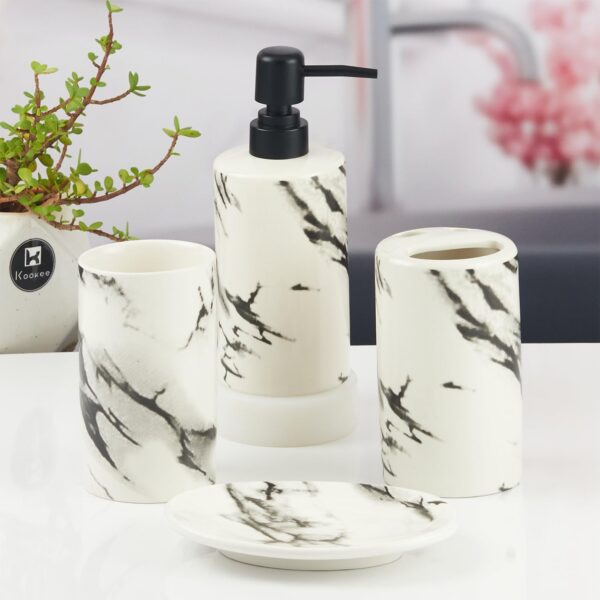 1774481573_Kookee-Ceramic-Bathroom-Accessories-Set-of-4-Modern-Bath-Set-with-Liquid-handwash-Soap-Dispenser-and-Toothbrush-Holder-Luxury-Gift-Accessory-for-Home-WhiteBlack-10391.jpg Kookee Ceramic Bathroom Accessories Set of 4, Modern Bath Set with Liquid handwash Soap Dispenser and Toothbrush Holder, Luxury Gift Accessory for Home, White/Black (10391)