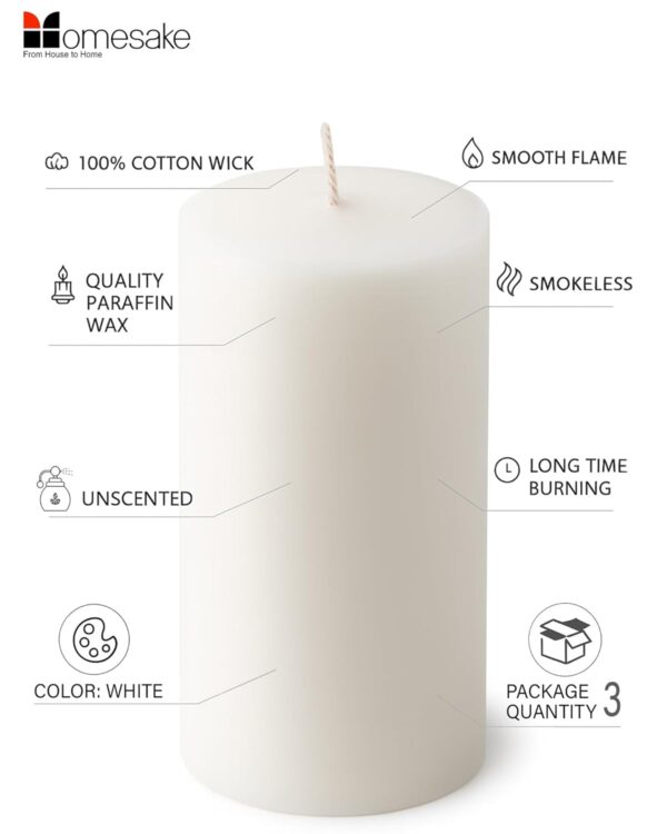 Homesake® Pillar Candles Set of 3, Width 2" High 2" 4" 6" Large Paraffin Soy Wax Pillar Candles Aesthetic Modern Home Decor for Bathroom Living Room Diwali Gifts (White)