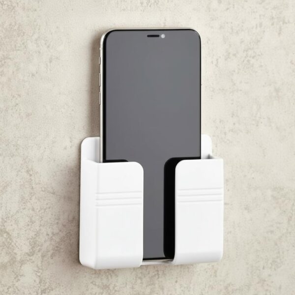 Radha Govind Wall Mounted Smartphone Holder (Pack of 3) | Mobile & Remote Storage Case with Strong Adhesive Strips, Charging Port Design, Viewing Angle, Multi-Purpose Wall Stand for Phones, White