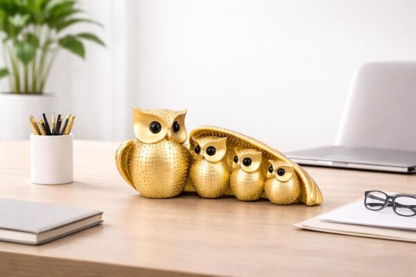 PACKNBUY Owl Family Showpiece Resin Figurine Home Decor for Living Room Table Decor Office Desk Gift Housewarming Vastu Feng Shui Mother Child Set (Owl Family Golden Color)