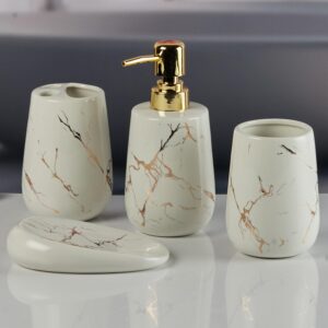 Kookee Ceramic Bathroom Accessories Set of 4, Modern Bath Set with Liquid handwash Soap Dispenser and Toothbrush Holder, Luxury Gift Accessory for Home (8842)