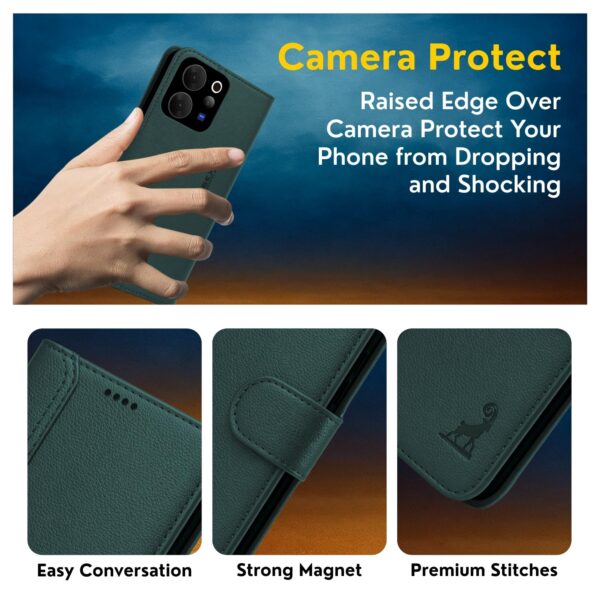 AIBEX ® Compatible for Vivo T5X 5G / Vivo Y51 Pro 5G / iQOO Z11X 5G Flip Cover Leather Finish | Inside TPU with Card Pockets | Wallet Stand | Complete Protection Flip Case Green