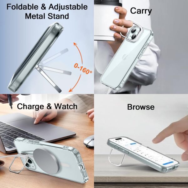 TheGiftKart Hybrid Back Cover Case for iPhone 15 / iPhone 14 Compatible with MagSafe | Built-in Stand | Shockproof Hard Case Cover for iPhone 15 / iPhone 14 (PC & TPU, Clear Back, Transparent Sides)