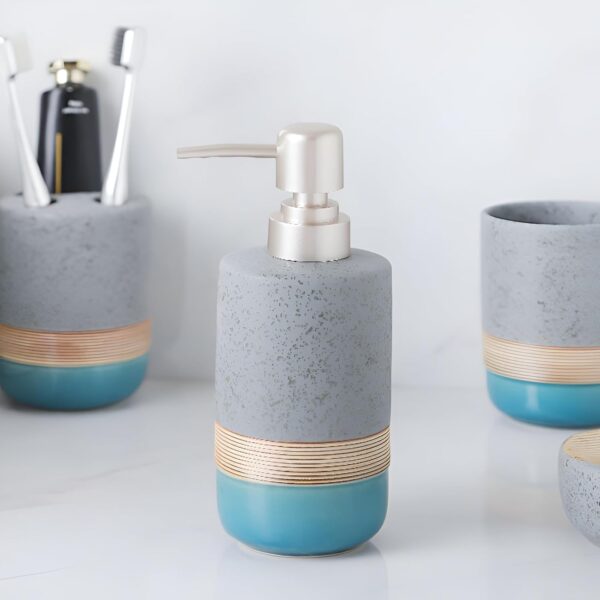 Crox Ceramic Bathroom Accessories Set (4 Pieces) – Soap Dispenser, Toothbrush Holder, Tumbler & Soap Dish | Modern Stone Finish Bathroom Countertop Set