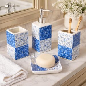 NFI essentials Ceramic 4 Piece Bathroom Accessories Set, Soap Dispenser, Toothbrush Holder, Tumbler & Soap Dish for Washroom Decor and House Warming Gift