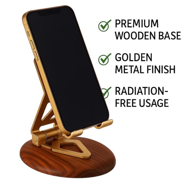 360 Degree Rotation Wooden Golden Premium Metal Mobile Holder for Desktop and Tables Adjustable Height and Angle Compatible with All Smartphones and Tablets 4-10"' Anti Slip Bracket Mobile Stand
