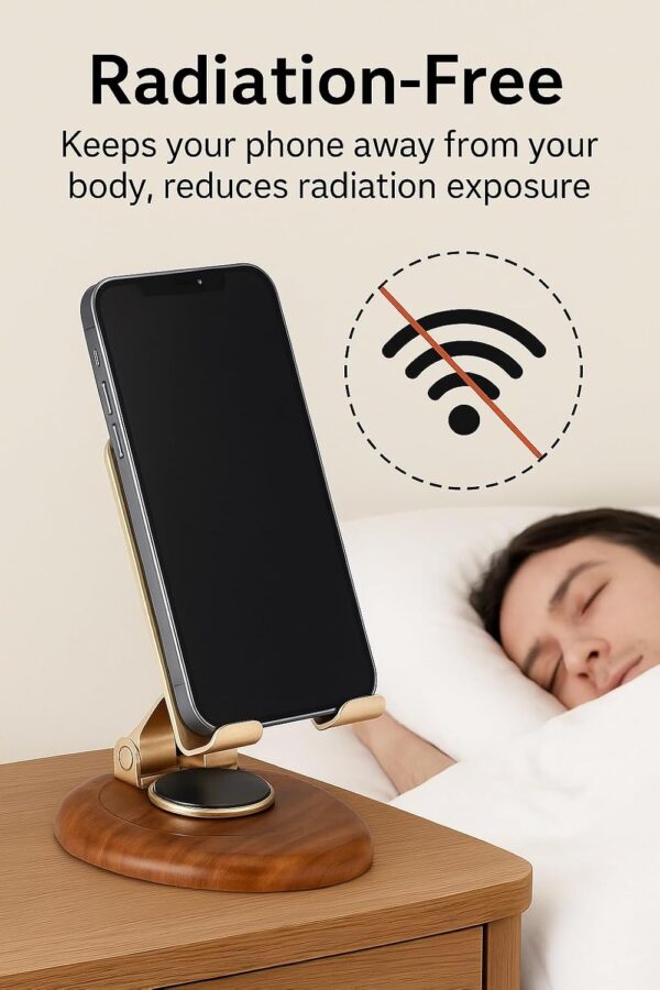 360 Degree Rotation Wooden Golden Premium Metal Mobile Holder for Desktop and Tables Adjustable Height and Angle Compatible with All Smartphones and Tablets 4-10"' Anti Slip Bracket Mobile Stand