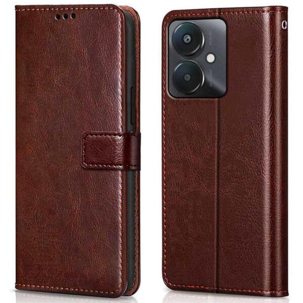 WOW IMAGINE Shock Proof Flip Cover Back Case Cover for Xiaomi Mi Redmi 13C 5G | Redmi 13C 4G | Poco M6 5G | Poco C65 (Flexible | Leather Finish | Card Pockets Wallet & Stand | Chestnut Brown)