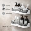 Wall Mounted Bathroom Shelf Organizer | 2 Tier Plastic Bathroom Rack with 4 Hooks | No Drill Adhesive Bathroom Accessories for Shampoo, Soap & Toiletries