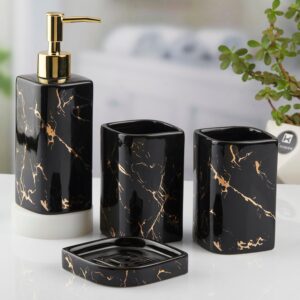 Kookee Ceramic Bathroom Set – Stylish 4 Piece Bath Accessories Kit with Soap Dispenser, Toothbrush Holder, Tumbler & Soap Dish – Modern & Designer Decor for Home & Guest Bathrooms, Black (10399)