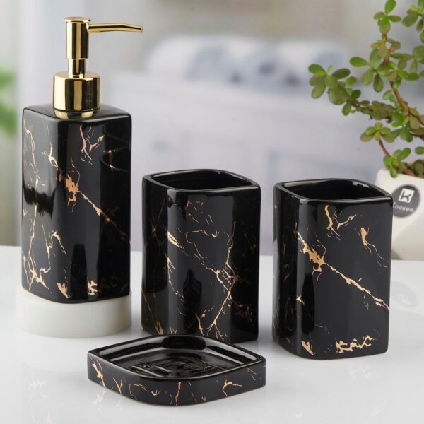 Kookee Ceramic Bathroom Set – Stylish 4 Piece Bath Accessories Kit with Soap Dispenser, Toothbrush Holder, Tumbler & Soap Dish – Modern & Designer Decor for Home & Guest Bathrooms, Black (10399)