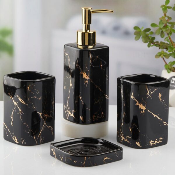 Kookee Ceramic Bathroom Set – Stylish 4 Piece Bath Accessories Kit with Soap Dispenser, Toothbrush Holder, Tumbler & Soap Dish – Modern & Designer Decor for Home & Guest Bathrooms, Black (10399)