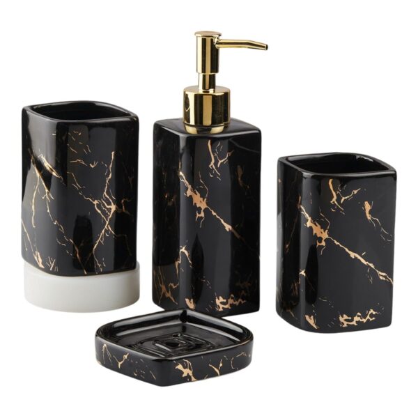Kookee Ceramic Bathroom Set – Stylish 4 Piece Bath Accessories Kit with Soap Dispenser, Toothbrush Holder, Tumbler & Soap Dish – Modern & Designer Decor for Home & Guest Bathrooms, Black (10399)