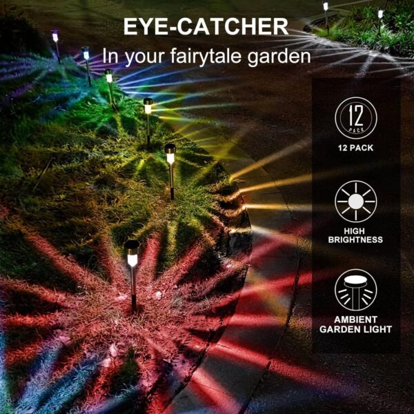 Dream Master Solar Outdoor LED Landscape Lights - Stainless Steel Solar-Powered Garden Lighting for Pathway, Walkway, Patio, Yard, Lawn - 12 Pack (Multicolor)