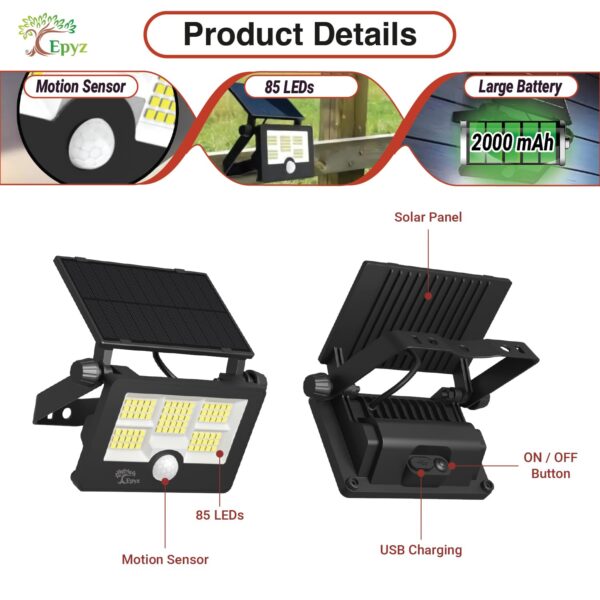 Epyz 20Watt Solar Flood Light Outdoor Waterproof with USB Type-C Charging Cable for Home Garden Wall Compound Entrance Automatic LED Lamp [ Pack of 1, White Light ] [ 2000mAh, 85LED ]