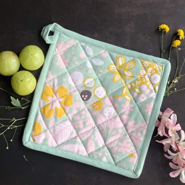 Pixel Home Organic Cotton Flower Print Oven Mitt and Pot Holder (Green Flower GPH)