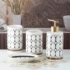 Kookee Ceramic Bathroom Set – Stylish 4 Piece Bath Accessories Kit with Soap Dispenser, Toothbrush Holder, Tumbler & Soap Dish – Modern & Designer Decor for Home & Guest Bathrooms, White/Black (5750)