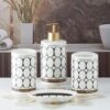 Kookee Ceramic Bathroom Set – Stylish 4 Piece Bath Accessories Kit with Soap Dispenser, Toothbrush Holder, Tumbler & Soap Dish – Modern & Designer Decor for Home & Guest Bathrooms, White/Black (5750)