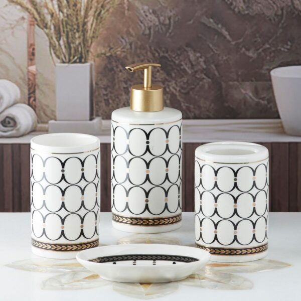 Kookee Ceramic Bathroom Set – Stylish 4 Piece Bath Accessories Kit with Soap Dispenser, Toothbrush Holder, Tumbler & Soap Dish – Modern & Designer Decor for Home & Guest Bathrooms, White/Black (5750)