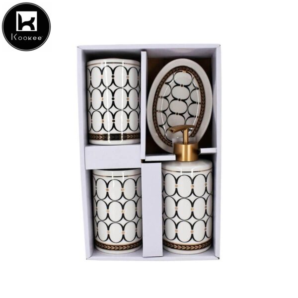 Kookee Ceramic Bathroom Set – Stylish 4 Piece Bath Accessories Kit with Soap Dispenser, Toothbrush Holder, Tumbler & Soap Dish – Modern & Designer Decor for Home & Guest Bathrooms, White/Black (5750)
