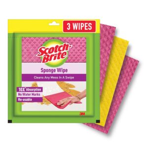 Scotch-Brite Sponge Wipes- Reusable, Kitchen and House Cleaning- Easy to use, Cleans any mess in a swipe, Absorbs water its own 10x weight, Multi- color, Biodegradable (pack of 3)