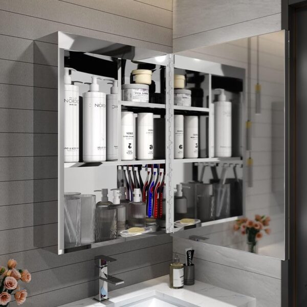 FC 16 * 24 SS LED Mirror Cabinet/Premium 304 Stainless Steel Chrome Finish Bathroom Accessories Mirror Cabinet with LED Light (16 x 24 Inches, Silver)