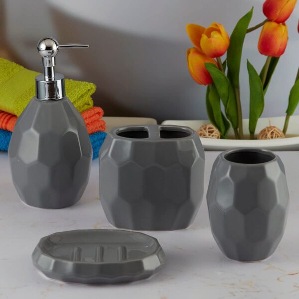 Kookee Ceramic Bathroom Set – Stylish 4 Piece Bath Accessories Kookee Ceramic Bathroom Set – Stylish 4 Piece Bath Accessories Kit with Soap Dispenser, Toothbrush Holder, Tumbler & Soap Dish – Modern & Designer Decor for Home & Guest Bathrooms, Grey (8105)