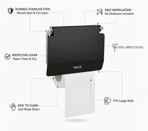 Force Stainless Steel Toilet Paper Roll Holder | Wall-Mounted Bathroom Tissue Holder | Rust-Proof & Corrosion-Resistant | Space-Saving Durable Bathroom & Basin Accessory Black (Pack 2)