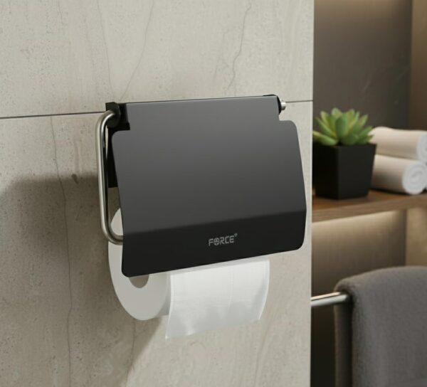 Force Stainless Steel Toilet Paper Roll Holder | Wall-Mounted Bathroom Tissue Holder | Rust-Proof & Corrosion-Resistant | Space-Saving Durable Bathroom & Basin Accessory Black (Pack 2)