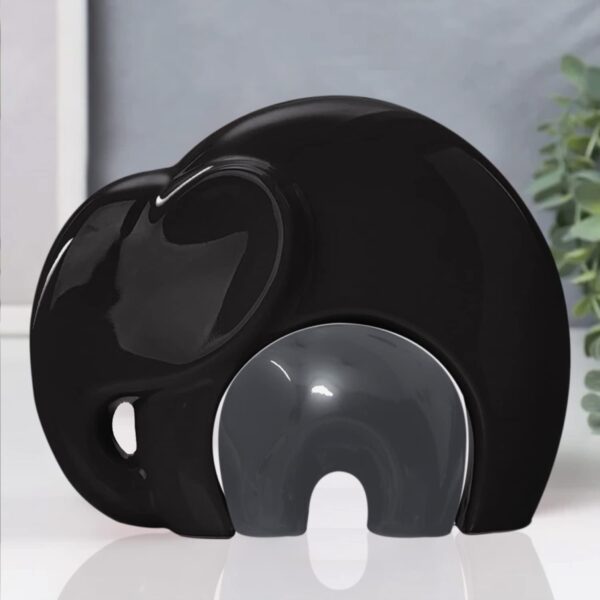 Home Décor Lucky Charm Elephant Mother & Child | Piano Finish Ceramic Figures - (Set of 2 Piece, Black and Grey)