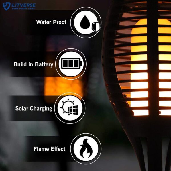 LITVERSE Solar Torch Lights | 96 LED Flickering Flame |2200 mAh | 3 Modes | Auto On/Off | Waterproof Outdoor Landscape & Wall Lighting for Garden, Patio, Yard, Balcony, Restaurant, Diwali | Pack of 2