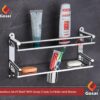 GOSAI Shelf Adhesive Bathroom Shelf Stainless Steel Bathroom Accessories 2 Layer Shelves with Dual Soap Case Toothbrush Holder & Hook | Bathroom Shelf for Wall | Bathroom Organizer (16x5x9 inch)
