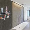 GOSAI Shelf Adhesive Bathroom Shelf Stainless Steel Bathroom Accessories 2 Layer Shelves with Dual Soap Case Toothbrush Holder & Hook | Bathroom Shelf for Wall | Bathroom Organizer (16x5x9 inch)