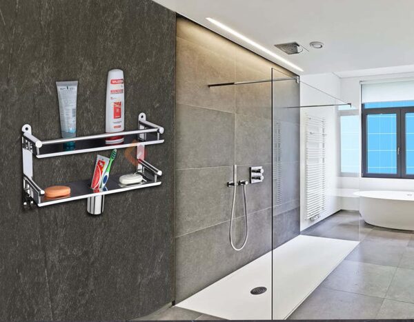 GOSAI Shelf Adhesive Bathroom Shelf Stainless Steel Bathroom Accessories 2 Layer Shelves with Dual Soap Case Toothbrush Holder & Hook | Bathroom Shelf for Wall | Bathroom Organizer (16x5x9 inch)