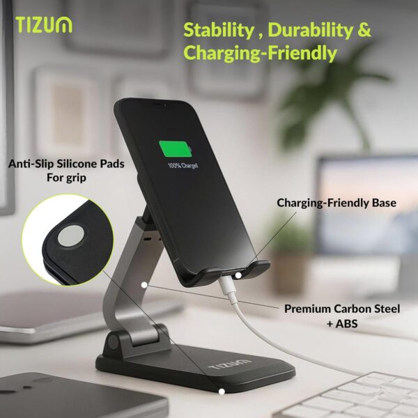 Tizum Universal Tablet/Mobile Stand Phone Holder for iPhone, iPad, Kindle & All Smartphones | Adjustable Angles, Telescopic Arm, Anti-Slip & Scratch-Proof Rubber Pads| Durable ABS Body (Black)