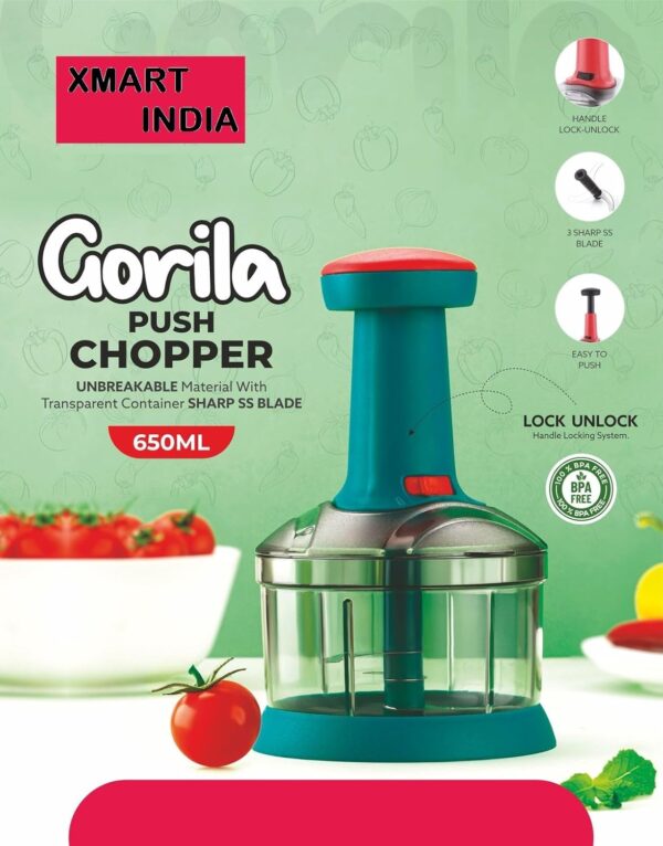 Manual Push Chopper for Vegetables & Fruits, 650ML Hand Press Chopper with 3 Stainless Steel Blades | Multipurpose Food Cutter, BPA-Free, Easy to Use & Clean