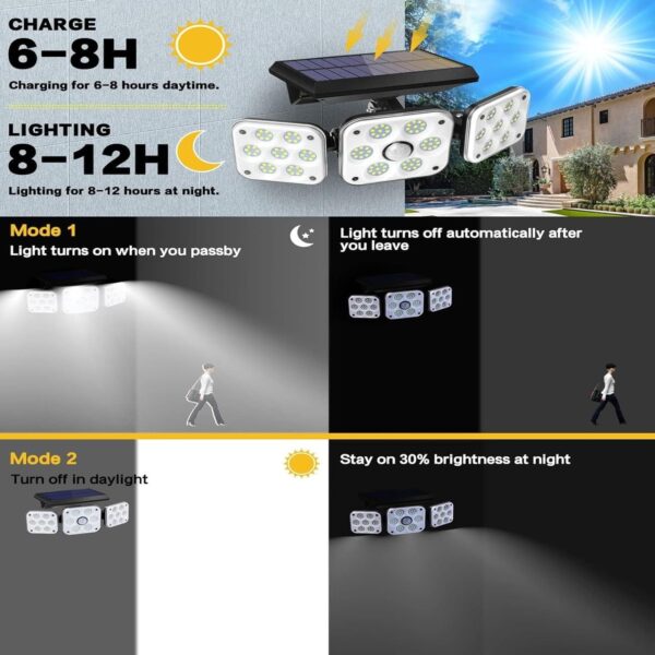 Outdoor Solar Light, Solar Light with Motion Sensor Ip65 Waterproof 138 Led Outdoor Solar Floodlight 3 Heads for Garden (1)