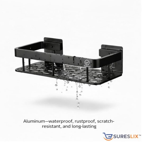 Self Adhesive Bathroom Shelf Without Drill Aluminium Rustproof Wall Mounted Organizer Rack for Kitchen & Bathroom Accessories Heavy Duty Storage (Black, Pack of 2)