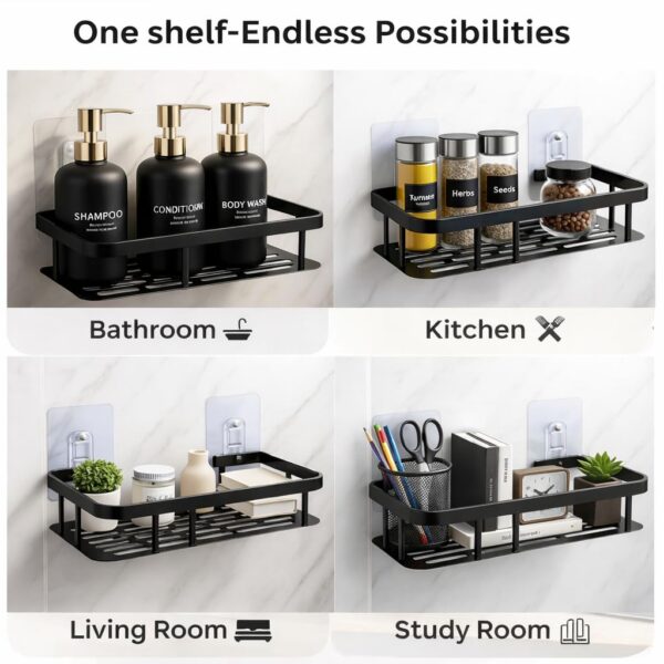 Self Adhesive Bathroom Shelf Without Drill Aluminium Rustproof Wall Mounted Organizer Rack for Kitchen & Bathroom Accessories Heavy Duty Storage (Black, Pack of 2)