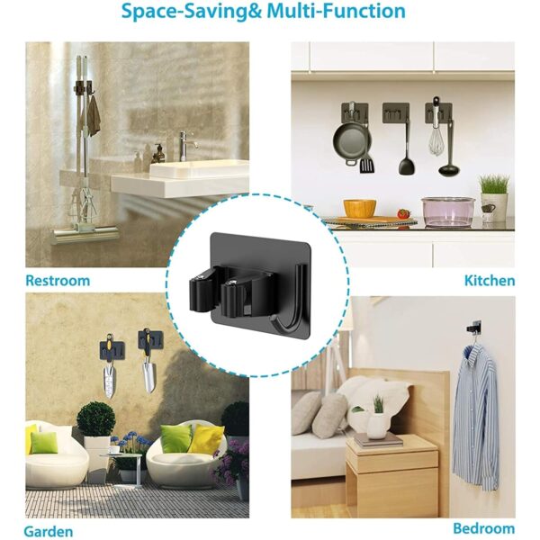 JIALTO 4 Pcs Adhesive Mop Holder and Broom Holder Wall Mounted Stainless Steel | Heavy Duty Mop & Broom Organizer with Hooks | Adhesive Storage Rack for Kitchen, Bathroom & Garage (Black, 4)